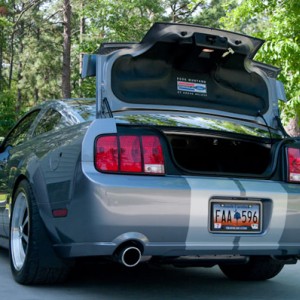 Custom-made Trunk liner with Powered by Ford graphics.