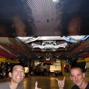 Dan & Josh checking out the undercarriage & the beautiful twin turbos & Carbon fiber skid plate! Thanks Exile!